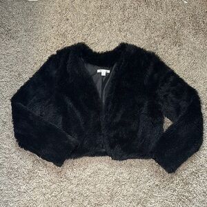 Mob Wife Night Out Elegant Black Teddy L/S Open Front Jacket Plush Faux Fur SzL